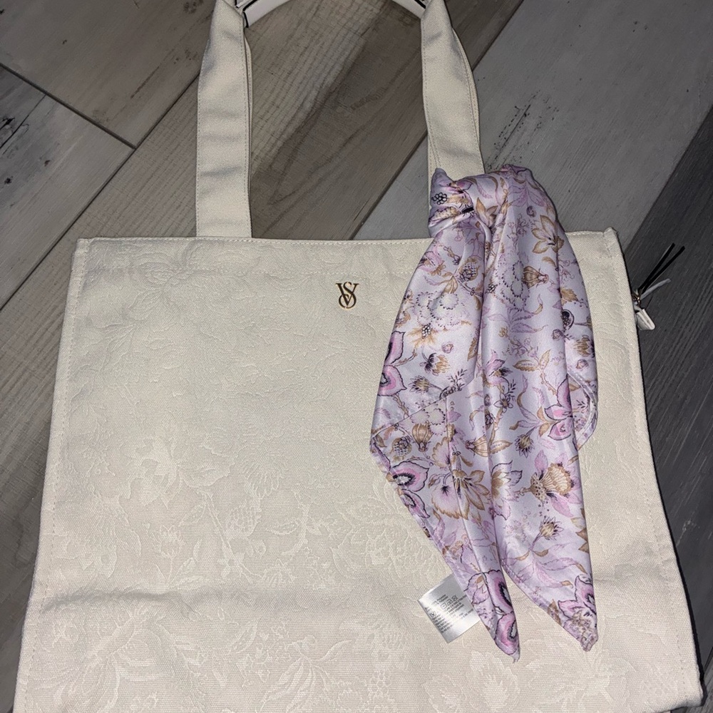Victoria's Secret Cream Tote with Floral Scarf